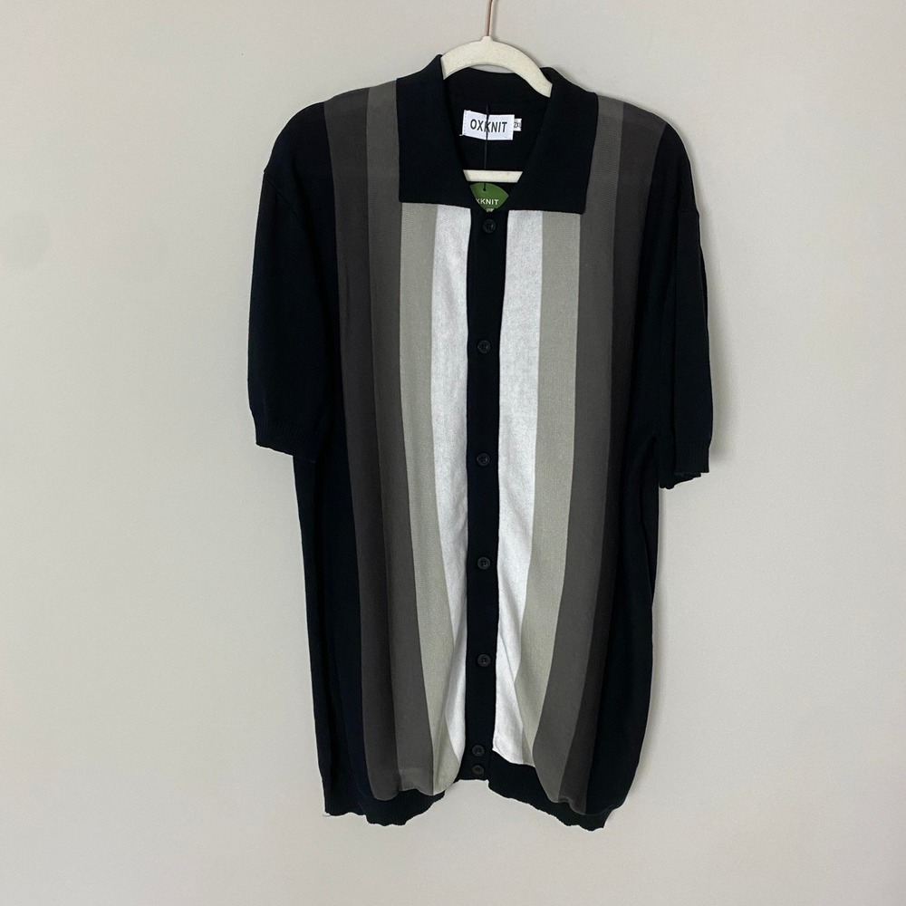 OXKNIT Vertical Striped Knit Polo Shirt Mens 2XL Black Retro Button Down Bowling
